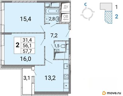 2-комн. квартира, 57.9 м&sup2;