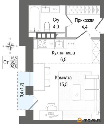 студия, 30.4 м&sup2;