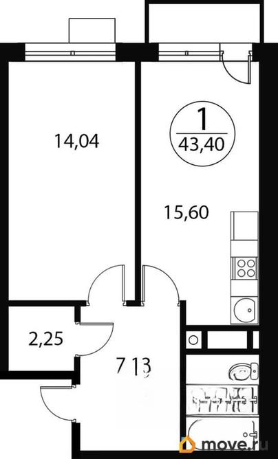 1-комн. квартира, 43.4 м&sup2;