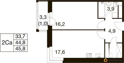 1-комн. квартира, 44.3 м&sup2;