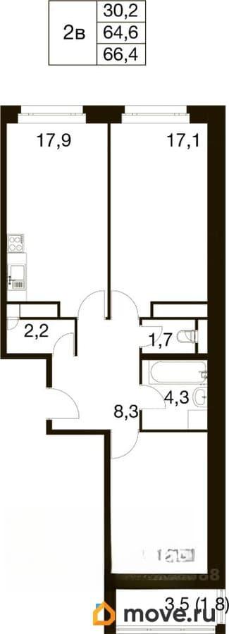 3-комн. квартира, 64.1 м&sup2;