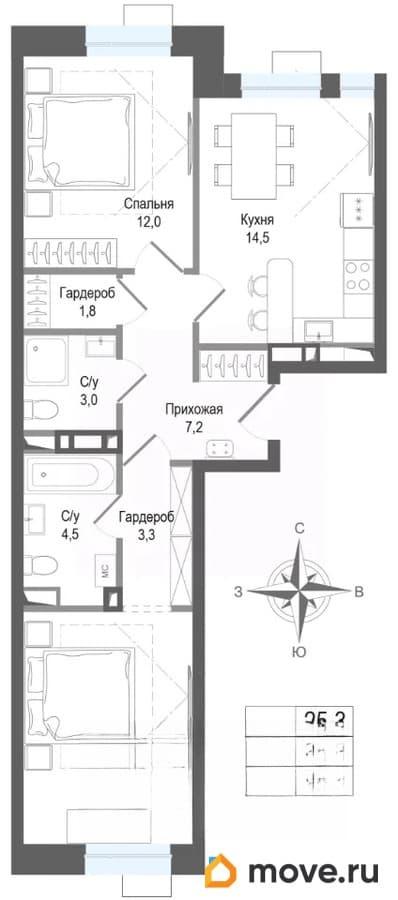 2-комн. квартира, 59.6 м&sup2;
