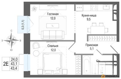 2-комн. квартира, 43.1 м&sup2;