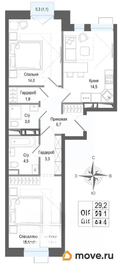 2-комн. квартира, 63.1 м&sup2;