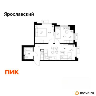 2-комн. квартира, 45.7 м&sup2;