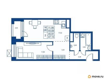 1-комн. квартира, 44.69 м&sup2;
