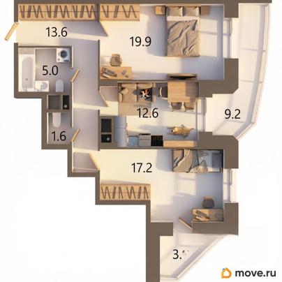 2-комн. квартира, 74.6 м&sup2;