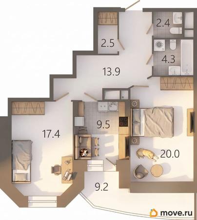 2-комн. квартира, 72.7 м&sup2;