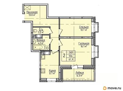 2-комн. квартира, 61.9 м&sup2;