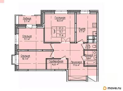 3-комн. квартира, 77.4 м&sup2;
