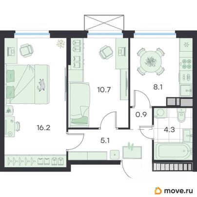 2-комн. квартира, 45.3 м&sup2;