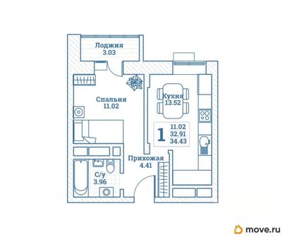1-комн. квартира, 34.43 м&sup2;