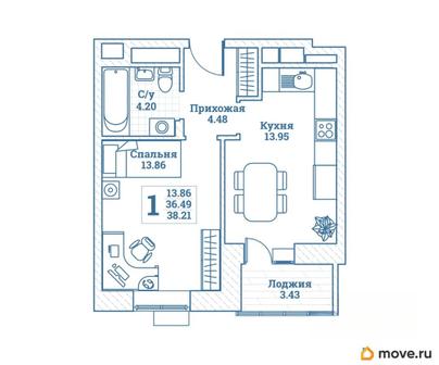1-комн. квартира, 38.21 м&sup2;