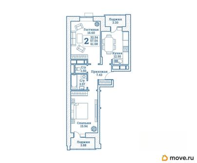 2-комн. квартира, 61.08 м&sup2;
