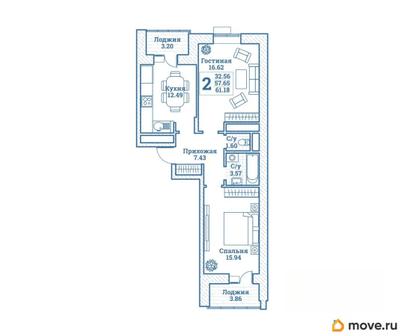 2-комн. квартира, 61.18 м&sup2;
