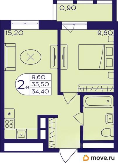 2-комн. квартира, 34.4 м&sup2;