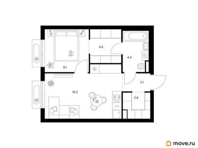 1-комн. квартира, 38.1 м&sup2;