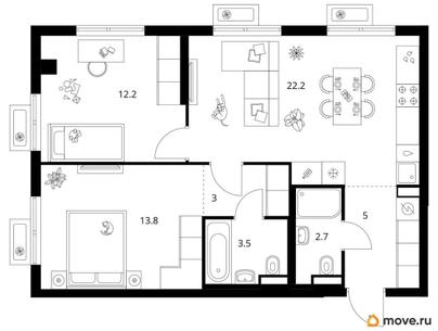 2-комн. квартира, 62.4 м&sup2;