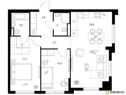 2-комн. квартира, 66.4 м&sup2;