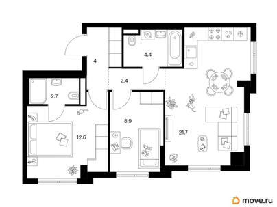 2-комн. квартира, 56.7 м&sup2;