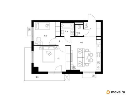 2-комн. квартира, 53.7 м&sup2;