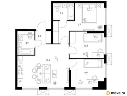 3-комн. квартира, 66.3 м&sup2;