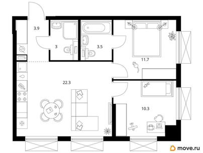 2-комн. квартира, 54.7 м&sup2;
