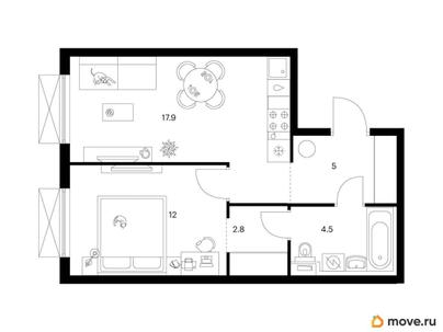 1-комн. квартира, 42.2 м&sup2;