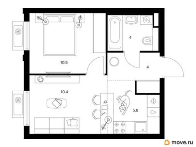 1-комн. квартира, 34.5 м&sup2;