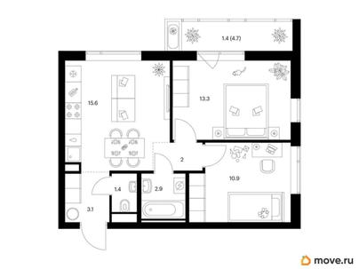 2-комн. квартира, 50.6 м&sup2;