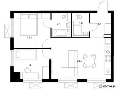 2-комн. квартира, 54.2 м&sup2;