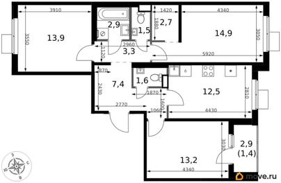 3-комн. квартира, 75.3 м&sup2;