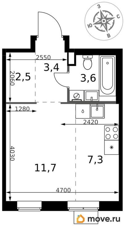 студия, 28.5 м&sup2;