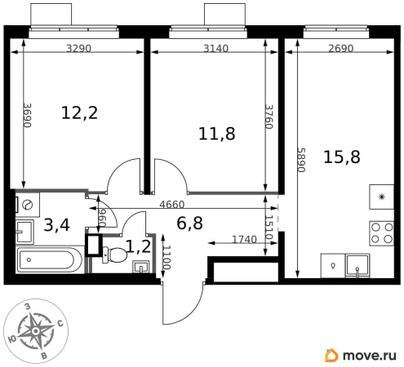 2-комн. квартира, 51.2 м&sup2;