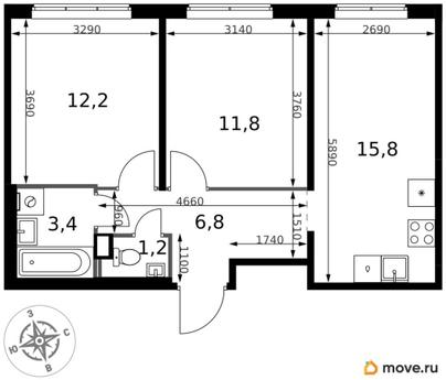 2-комн. квартира, 51.2 м&sup2;